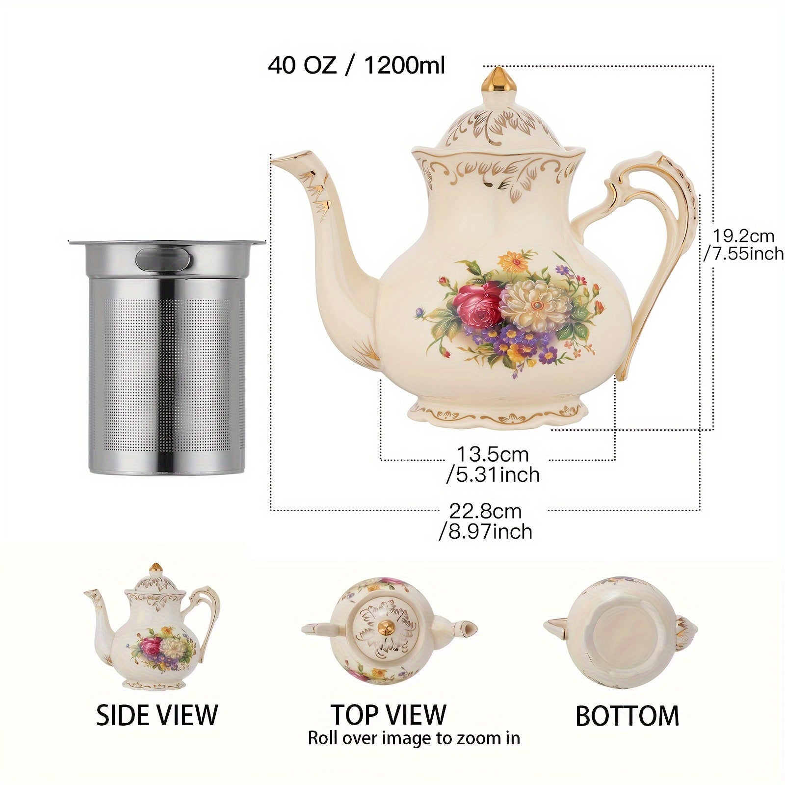 1pc Exquisite Floral Ceramic Coffee Pot - Retro Palace Style Blooming Tea Infuser, European-Inspired Afternoon Tea Set, Round Shaped, Flowers Patterned, Perfect for Home, Office, Hotel, Christmas, Thanksgiving, Valentines Day Good Vibrations