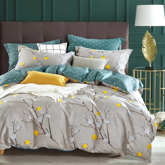 600 Thread Count SLEEPBELLA Luxury Duvet Cover - Soft Grey Branch Pattern with Yellow Turquoise Polka Dots, Reversible Comforter Cover with Green Reverse Side, Breathable, Hypoallergenic, and Machine Washable Good Vibrations
