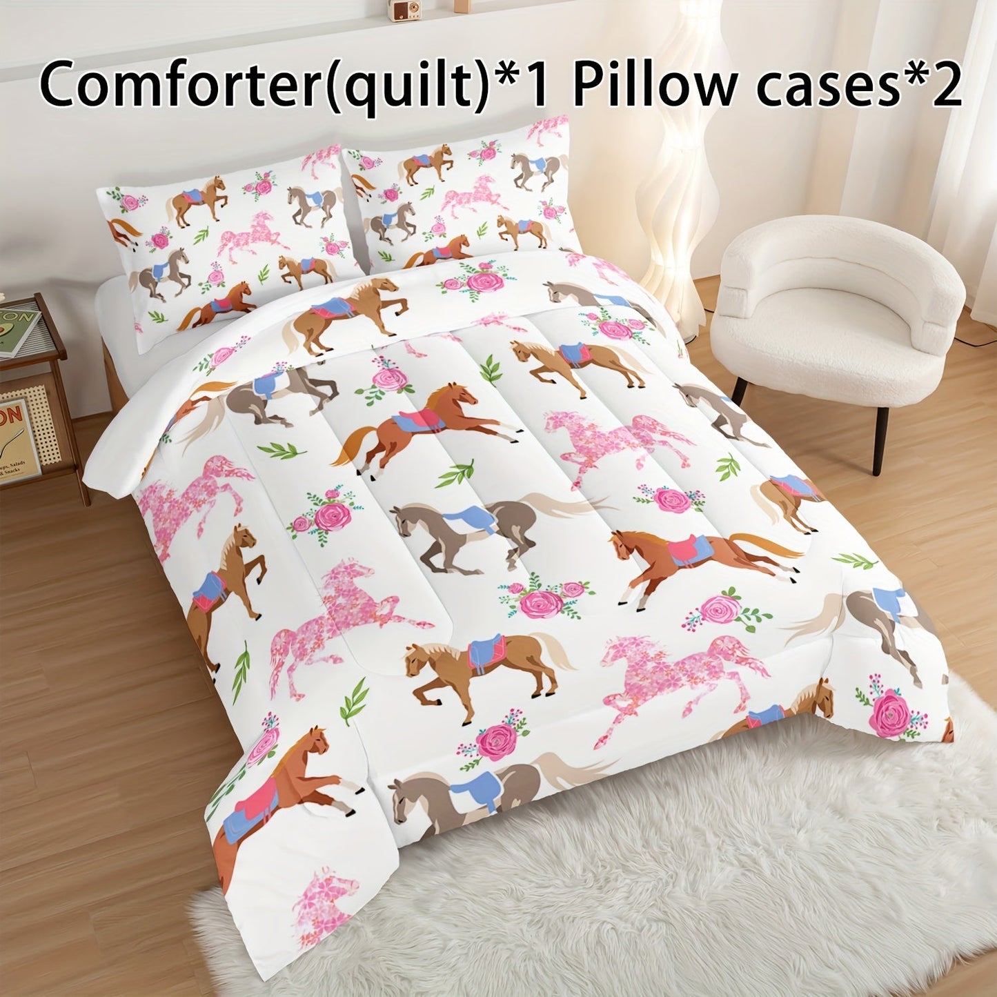 3pcs Fashion Comforter Set (1 * Comforter + 2 * Pillowcase, No Core), Cartoon Horse And Rose Print Bedding Set, Soft And Comfortable Skin-friendly For Bedroom, Guest Room Good Vibrations