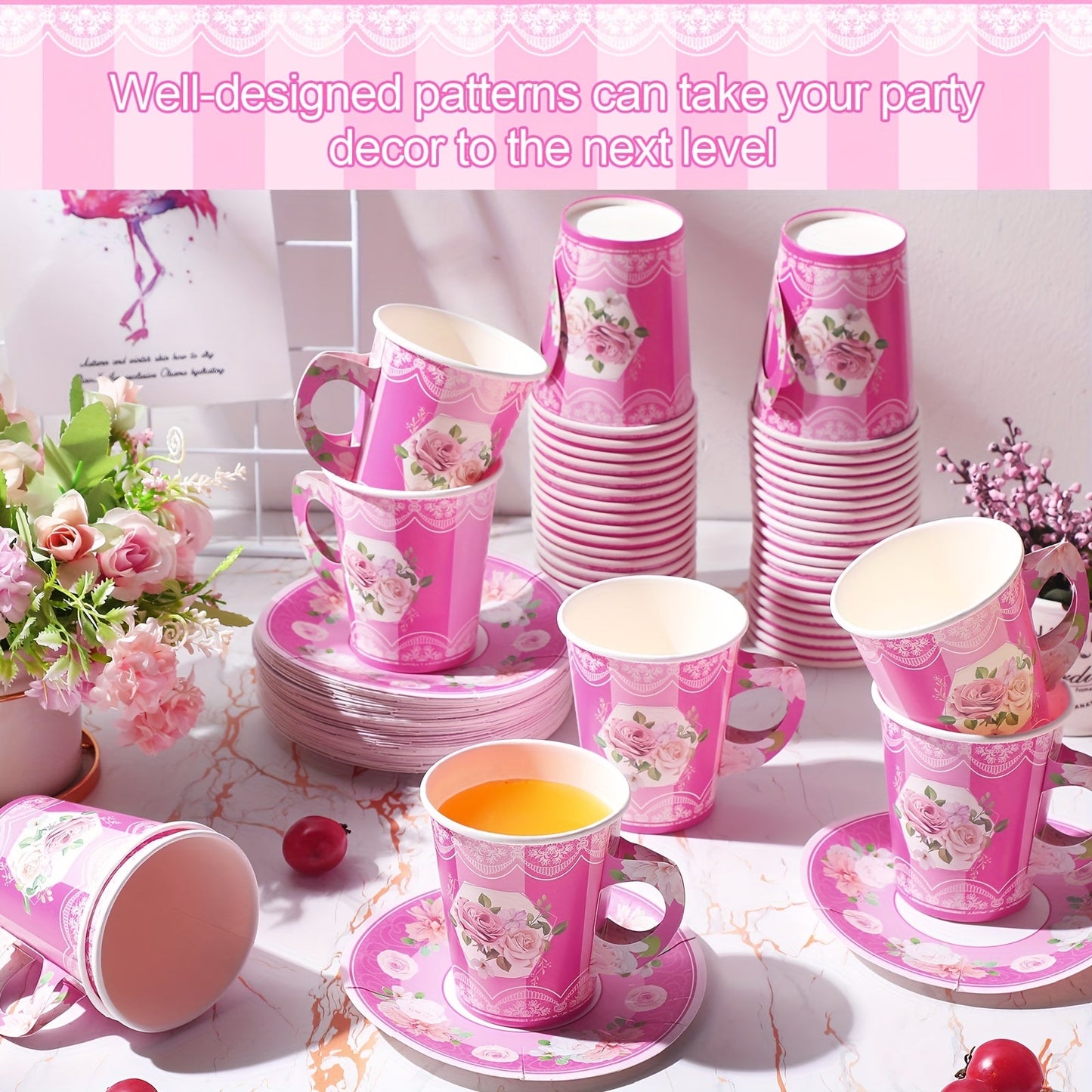 100pcs Disposable Tea Party Cup And Plates Floral Paper Teacups With Handle And Saucer Set For Wedding Birthday Princess Blossom Party Shower Decoration Good Vibrations
