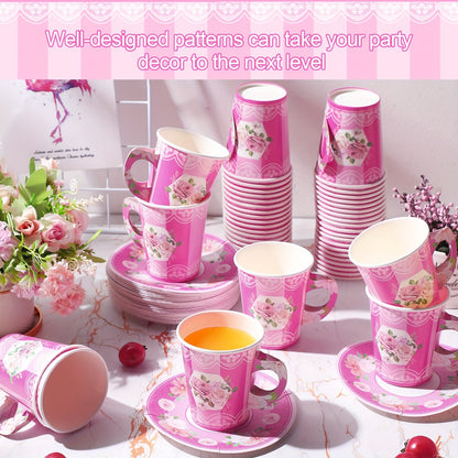 100pcs Disposable Tea Party Cup And Plates Floral Paper Teacups With Handle And Saucer Set For Wedding Birthday Princess Blossom Party Shower Decoration Good Vibrations