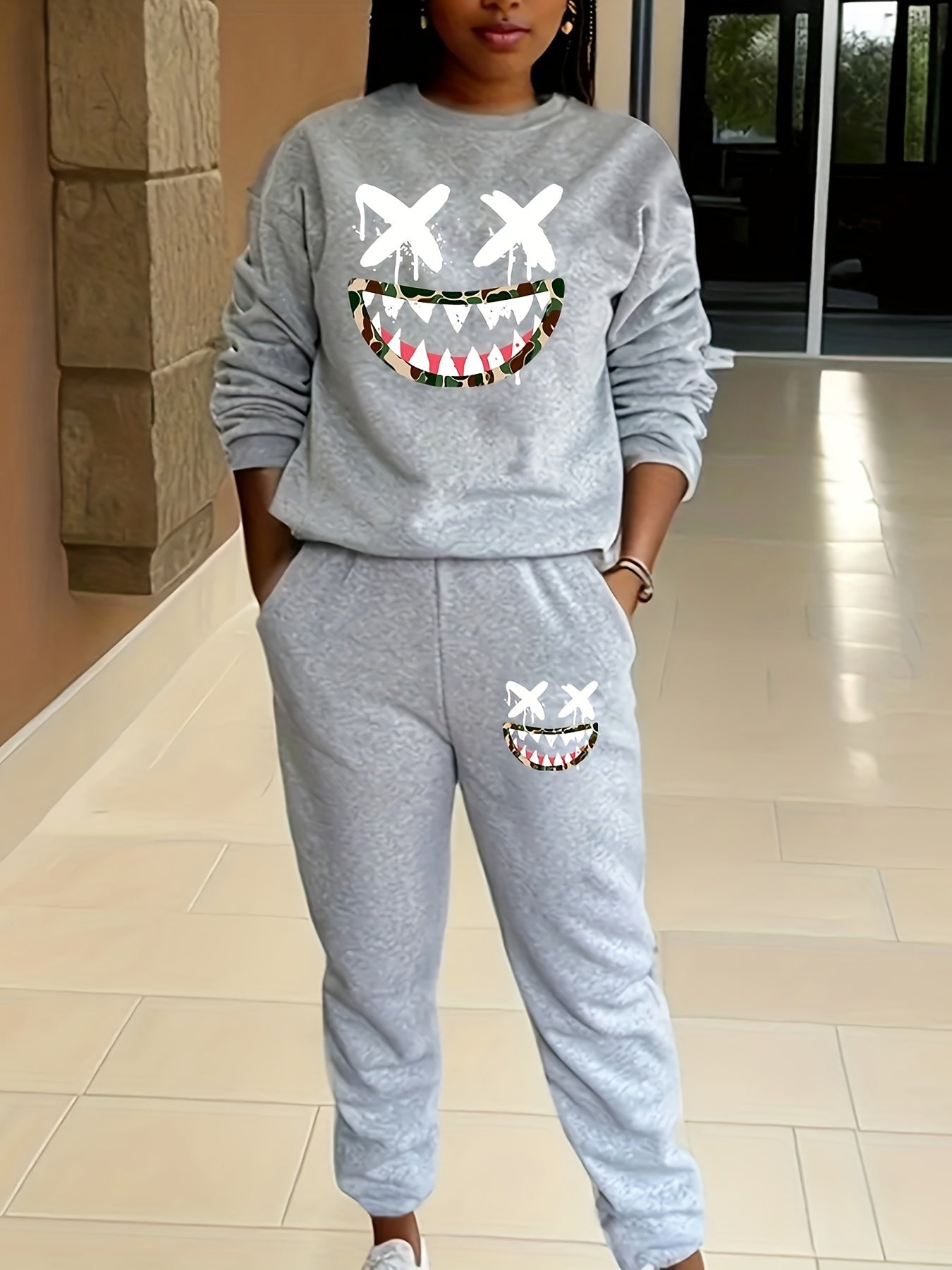 two-piece Women's Cartoon Print Sweatshirt and Pocket Pants Outfit - Comfortable and Stylish Clothing Set Good Vibrations