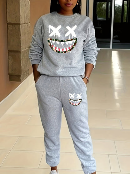 two-piece Women's Cartoon Print Sweatshirt and Pocket Pants Outfit - Comfortable and Stylish Clothing Set Good Vibrations