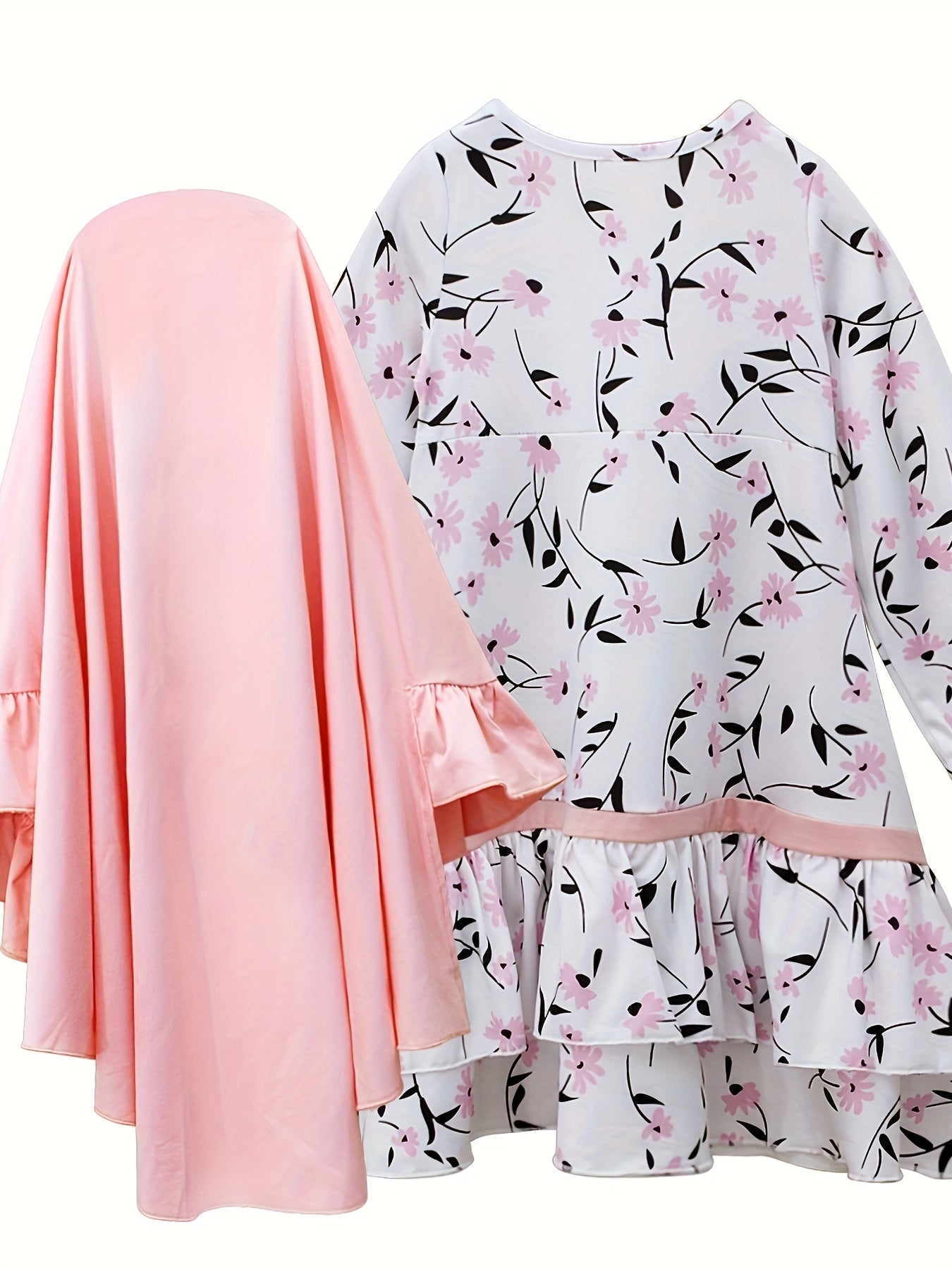 Girls Spring and Autumn Muslim Traditional Ethnic Clothing Set Long Sleeve Floral Dress + Headscarf Two-piece Set Good Vibrations