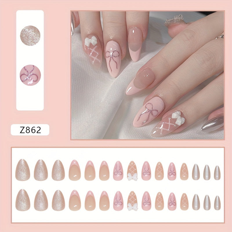 Pink Sweet Bow Press-On Nail Tips - Almond Shape, Medium Length, Glossy Finish Good Vibrations