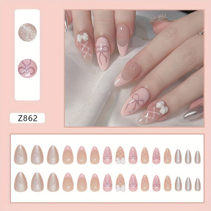 Pink Sweet Bow Press-On Nail Tips - Almond Shape, Medium Length, Glossy Finish Good Vibrations
