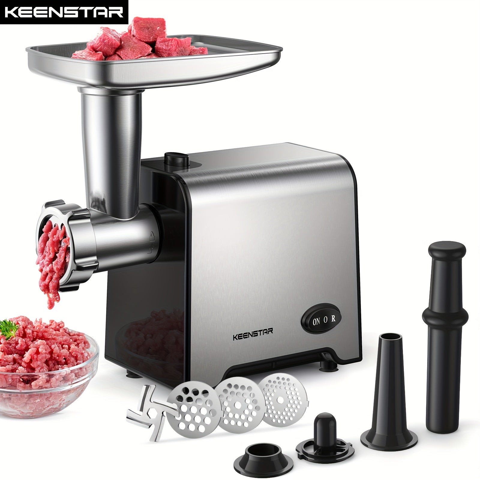 KEENSTAR Electric Meat Grinder, Sausage Stuffer Maker 450W(3000W Max) Food Grinder With Blade & 3 Plates, Sausage Stuffer Tubes & Kubbe Kit, Stainless Steel Heavy Duty Meat Mincer Machine For Home Kitchen Use Good Vibrations
