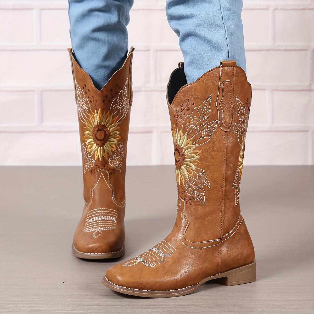 [Mid Calf Embroidered Western Boots] Women's Embroidered Mid Calf Western Boots, Faux Leather Fashion Boots, Women's Footwear Good Vibrations