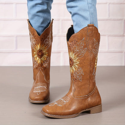[Mid Calf Embroidered Western Boots] Women's Embroidered Mid Calf Western Boots, Faux Leather Fashion Boots, Women's Footwear Good Vibrations