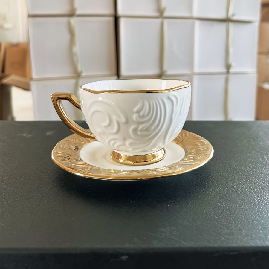 Luxurious Relief Floral Tea Set with Golden Trim: Includes 6 Cups, 6 Saucers, And 1 Large Tray - Perfect for Thanksgiving, Eid Al-Fitr, And More! Good Vibrations