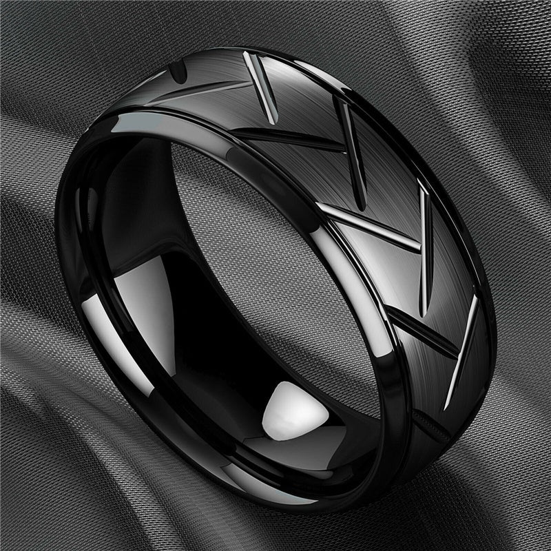 1pc 8MM Luxury High Quality Black Titanium Steel Ring Fashion Simple Men's Black Stainless Steel Wire Groove Tire Ring Artificial Jewelry Lover Gift Good Vibrations