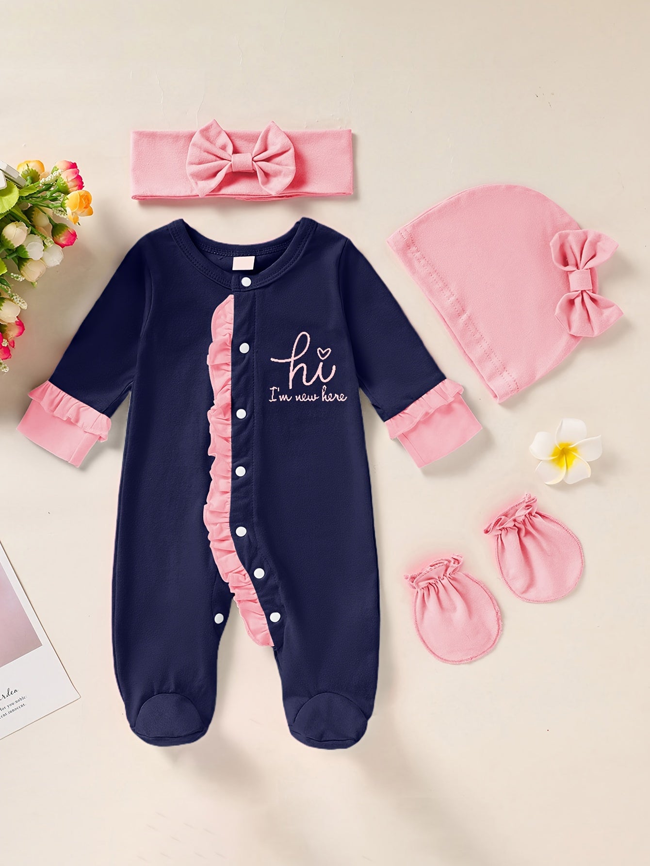 Newborn Baby Girl Clothes, Letter Print Footed Romper Jumpsuit & Headband & Hat & Baby Mittens, Cute Infant Clothing Set Good Vibrations