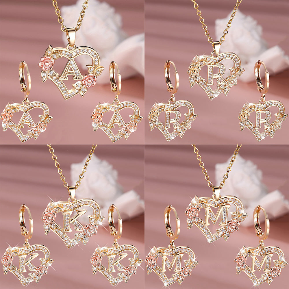 3pcs Women's Jewelry Set - Heart-Shaped Interlocking Link Necklace & Earrings with 26-Letter Monogram, Elegant Golden-Tone -Accented Letters, Dainty Everyday Gift for Mother's Day, Graduation, Birthdays (Pink & Clear Good Vibrations