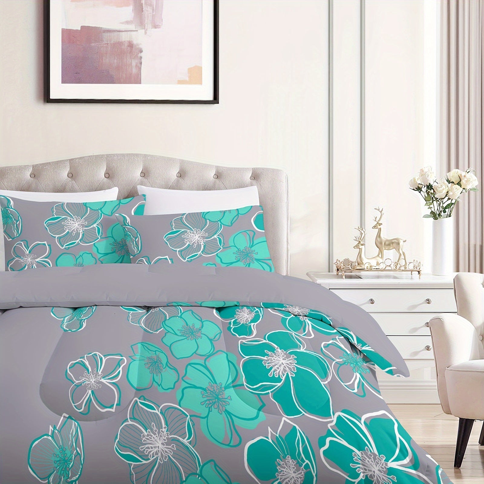 A Large Quilt Set, Consisting of 3pcs of Bedding (1 Printed Quilt And 2 Pillowcases), Featuring a Deep Gray Background with Green Floral Prints, Made of Lightweight Ultra-Fine Fibers Suitable for All Seasons, Serving As an Al Good Vibrations