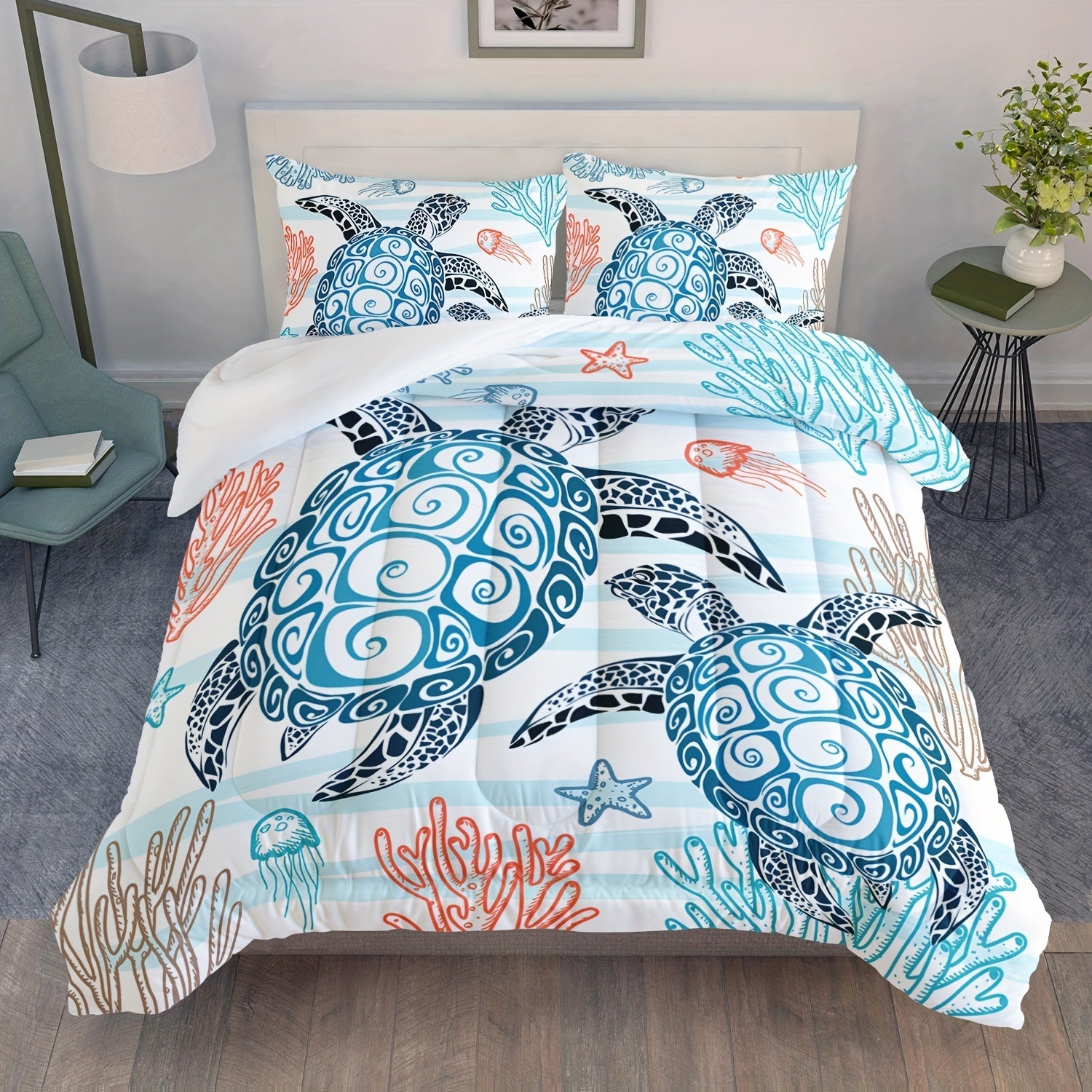 3pcs Modern Fashion Polyester Comforter Set (1*Comforter + 2*Pillowcase, Without Core), Cute Turtle, Starfish, And Jellyfish Print Bedding Set, Soft Comfortable And Skin-friendly Comforter For Bedroom, Guest Room Good Vibrations