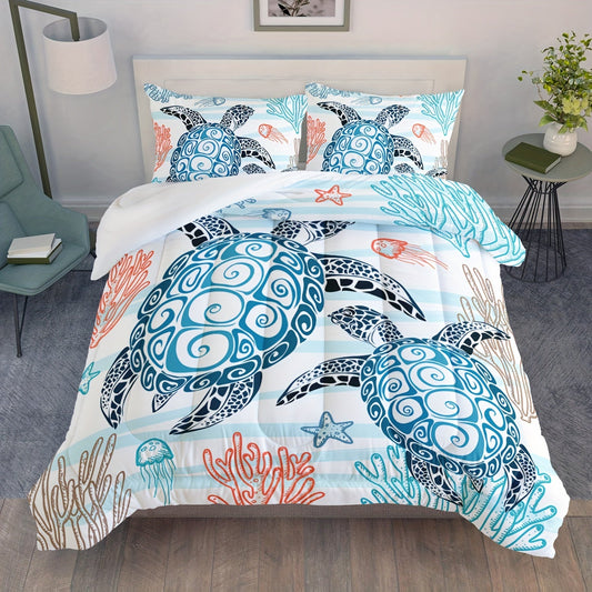 3pcs Modern Fashion Polyester Comforter Set (1*Comforter + 2*Pillowcase, Without Core), Cute Turtle, Starfish, And Jellyfish Print Bedding Set, Soft Comfortable And Skin-friendly Comforter For Bedroom, Guest Room Good Vibrations