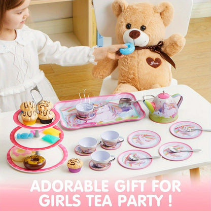 35pcs Unicorn Tea Party Set for Little Girls, Pretend Tin Teapot Set, Princess Tea Time Play Kitchen Toy with Dessert, Doughnut, Carrying Case for Birthday Easter Gifts Youngsters Youngsters Age 3 4 5 6, SYNCFUN Good Vibrations