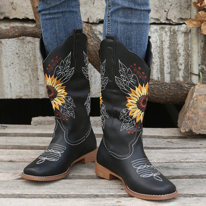 [Mid Calf Embroidered Western Boots] Women's Embroidered Mid Calf Western Boots, Faux Leather Fashion Boots, Women's Footwear Good Vibrations