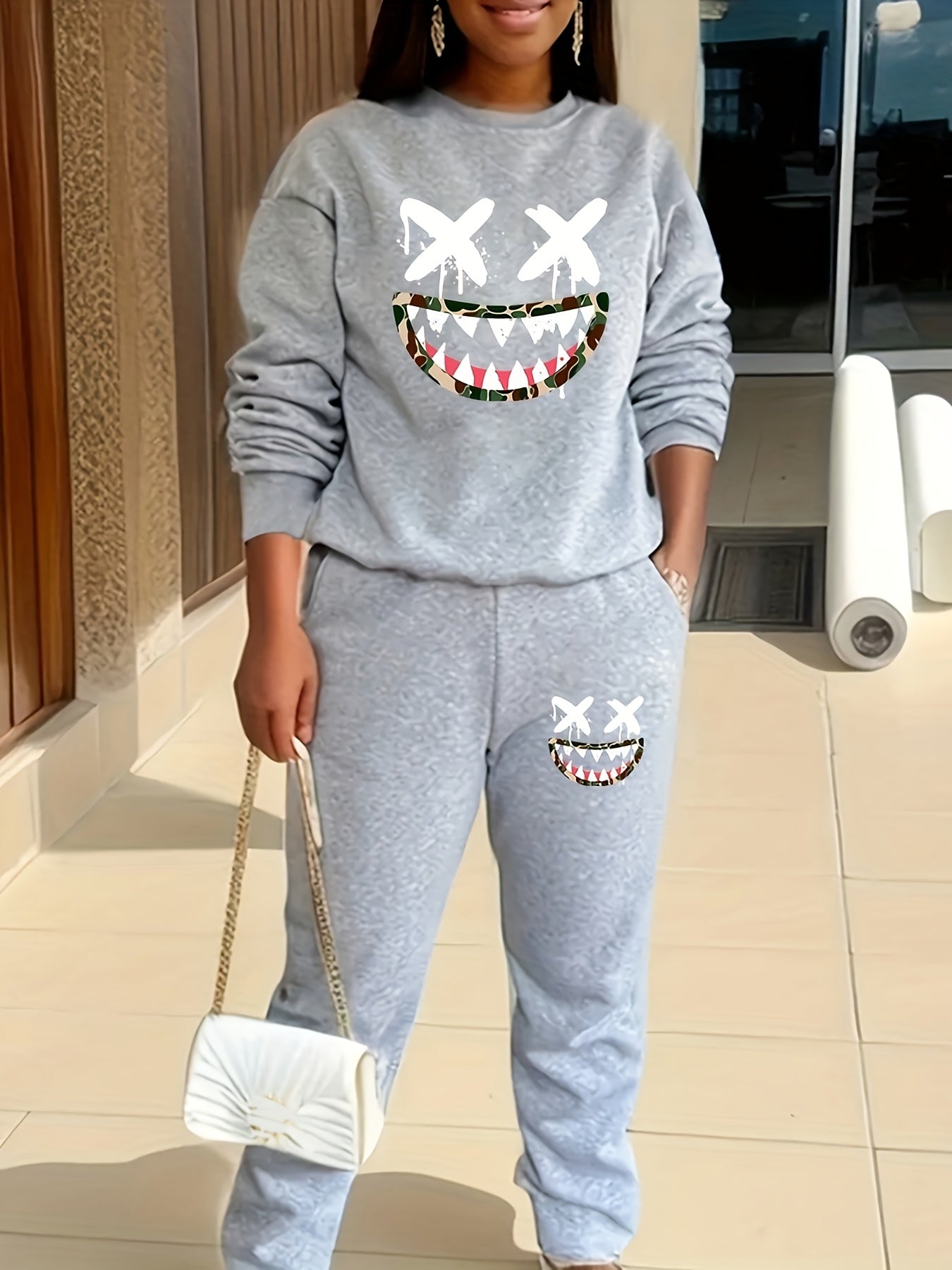 two-piece Women's Cartoon Print Sweatshirt and Pocket Pants Outfit - Comfortable and Stylish Clothing Set Good Vibrations