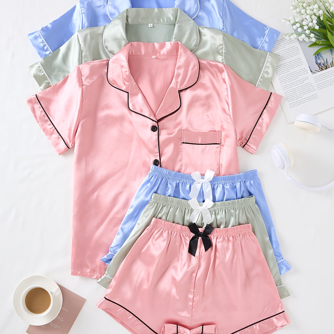 Three Sets of Satin Outfits. Short-Sleeved Collared Tops And Elastic Waistband Shorts, Suitable for Women'S Sleepwear And Loungewear, Women Short And Top Set, Short And Top Set Women, Women Short Set, Loungewear Women Set, Sh Good Vibrations