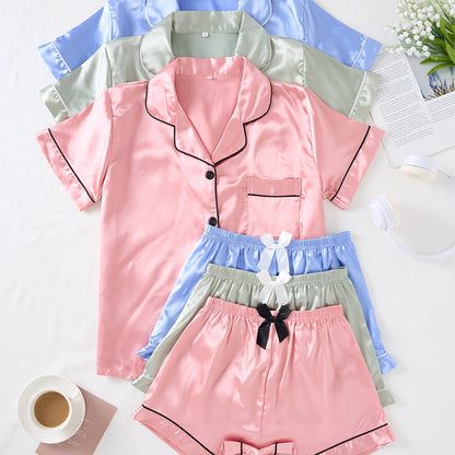 Three Sets of Satin Outfits. Short-Sleeved Collared Tops And Elastic Waistband Shorts, Suitable for Women'S Sleepwear And Loungewear, Women Short And Top Set, Short And Top Set Women, Women Short Set, Loungewear Women Set, Sh Good Vibrations