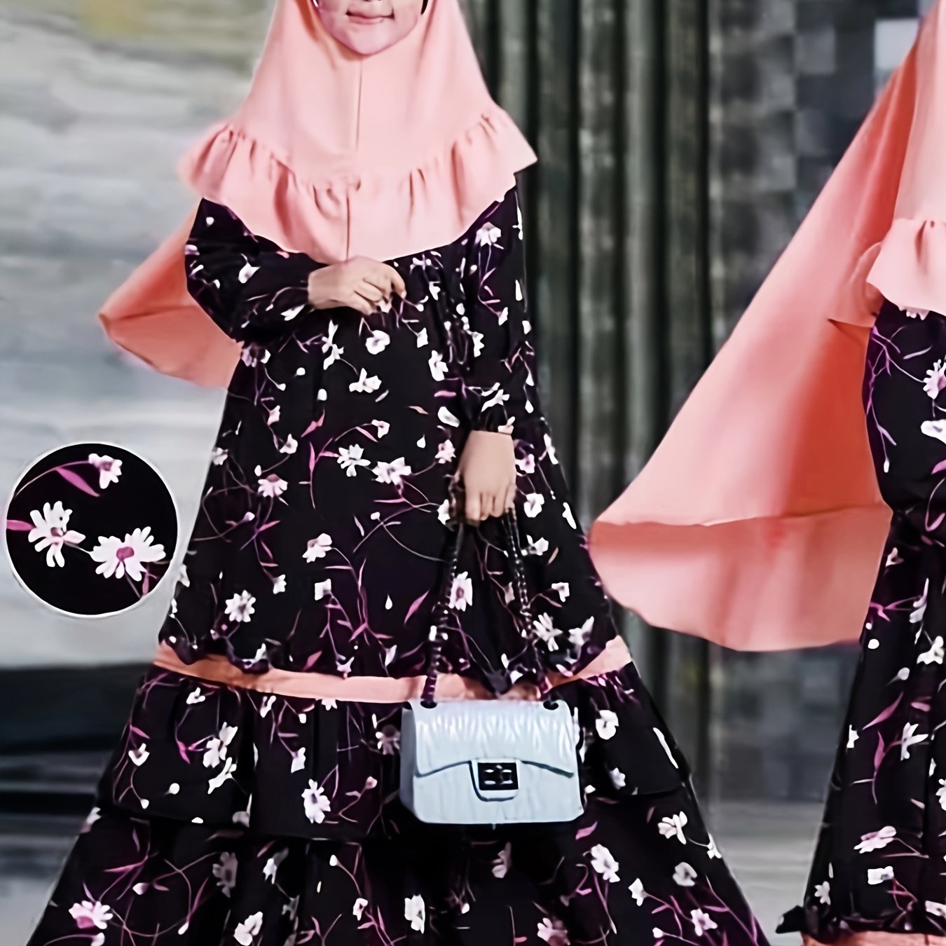 Girls Spring and Autumn Muslim Traditional Ethnic Clothing Set Long Sleeve Floral Dress + Headscarf Two-piece Set Good Vibrations