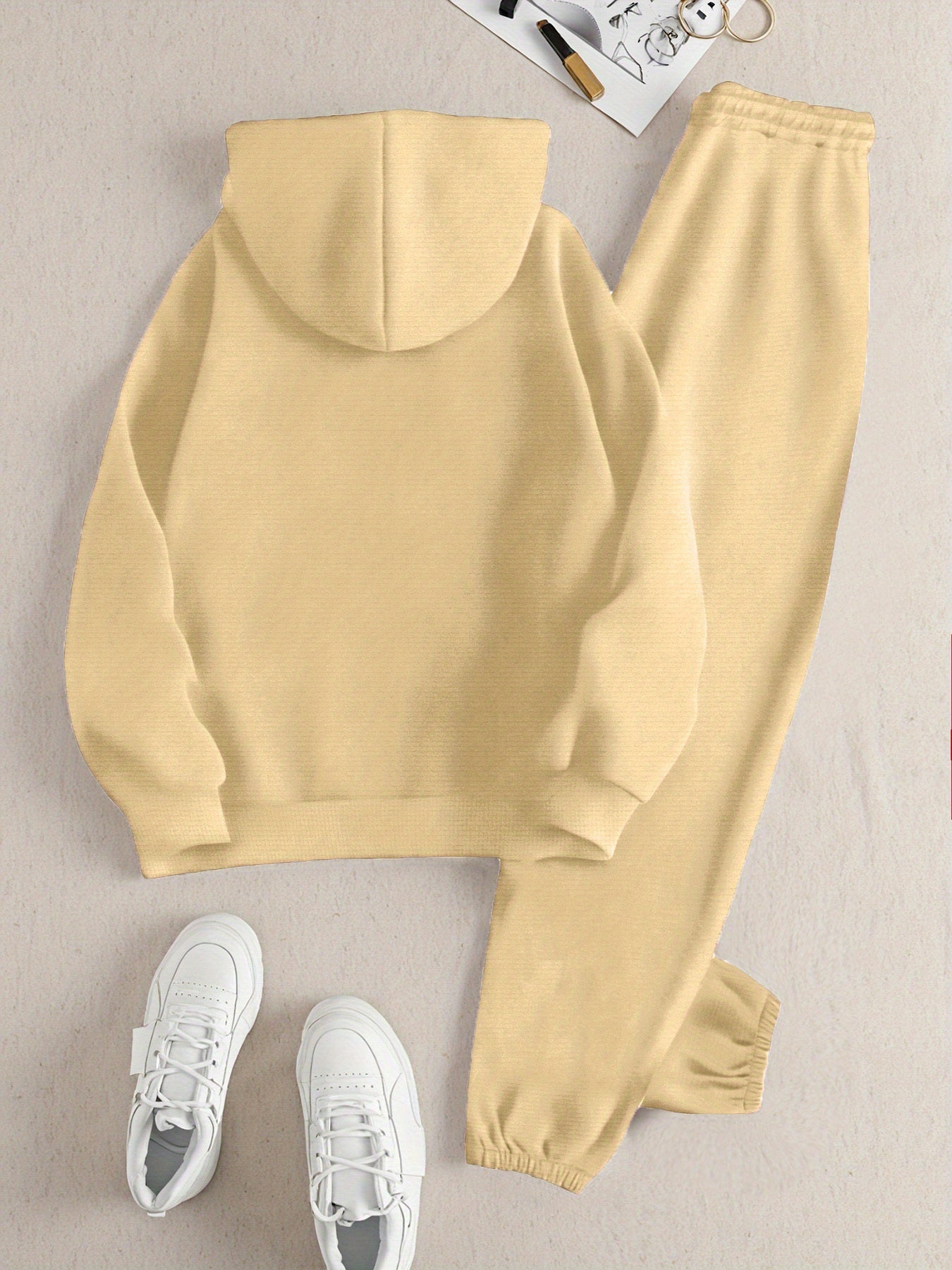 2025 Autumn Winter New Arrival, Sweet Cool Long Neck Deer Pattern Suit, Casual Letter Print Loose Warm Long Sleeve Hooded Sweatshirt with Elastic Drawstring Waist Pants Two-Piece Set, Women Two-piece Set Large Size Striped Ch Good Vibrations