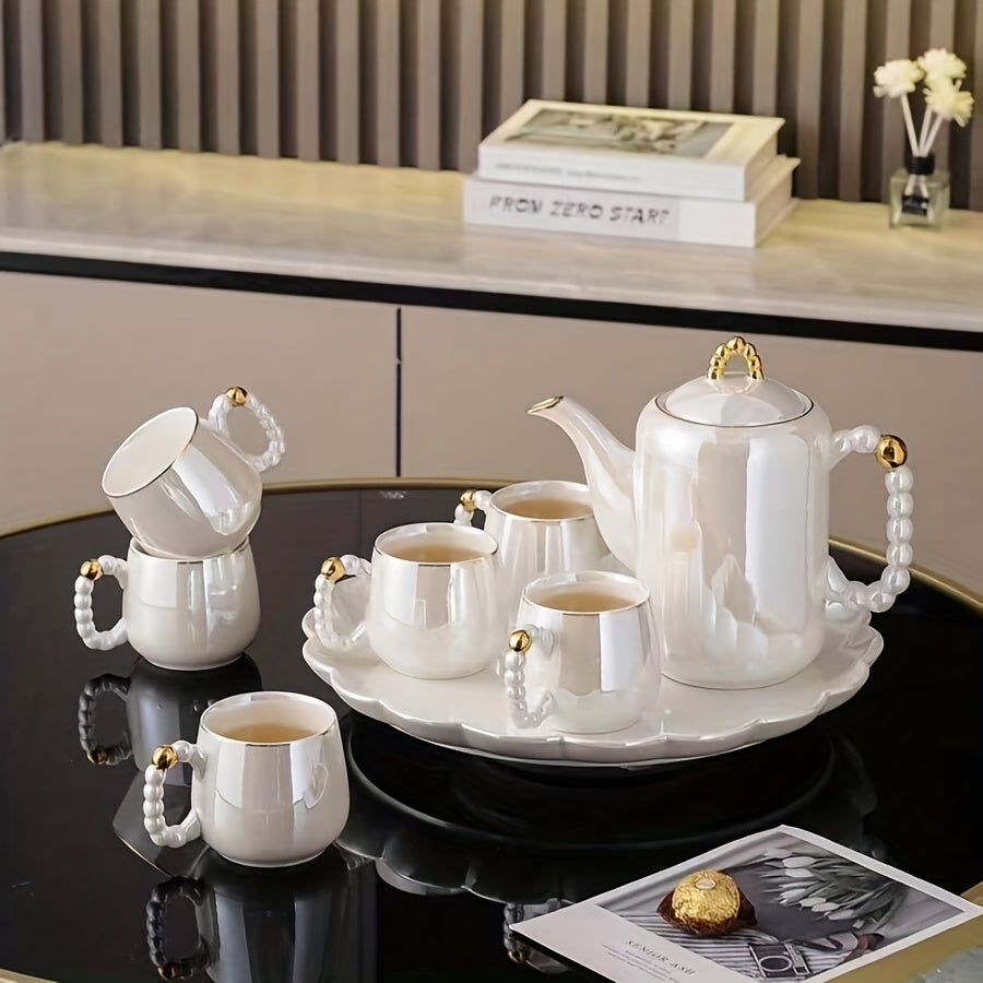 Elegant European Pearl Glazed Porcelain Tea Set - Perfect for Daily Life: Includes Pearl White Porcelain Teapot, Sugar Milk Oil Teapot, and 6 Exquisite Tea Cups. Suitable for Christmas and Thanksgiving Holidays. Good Vibrations