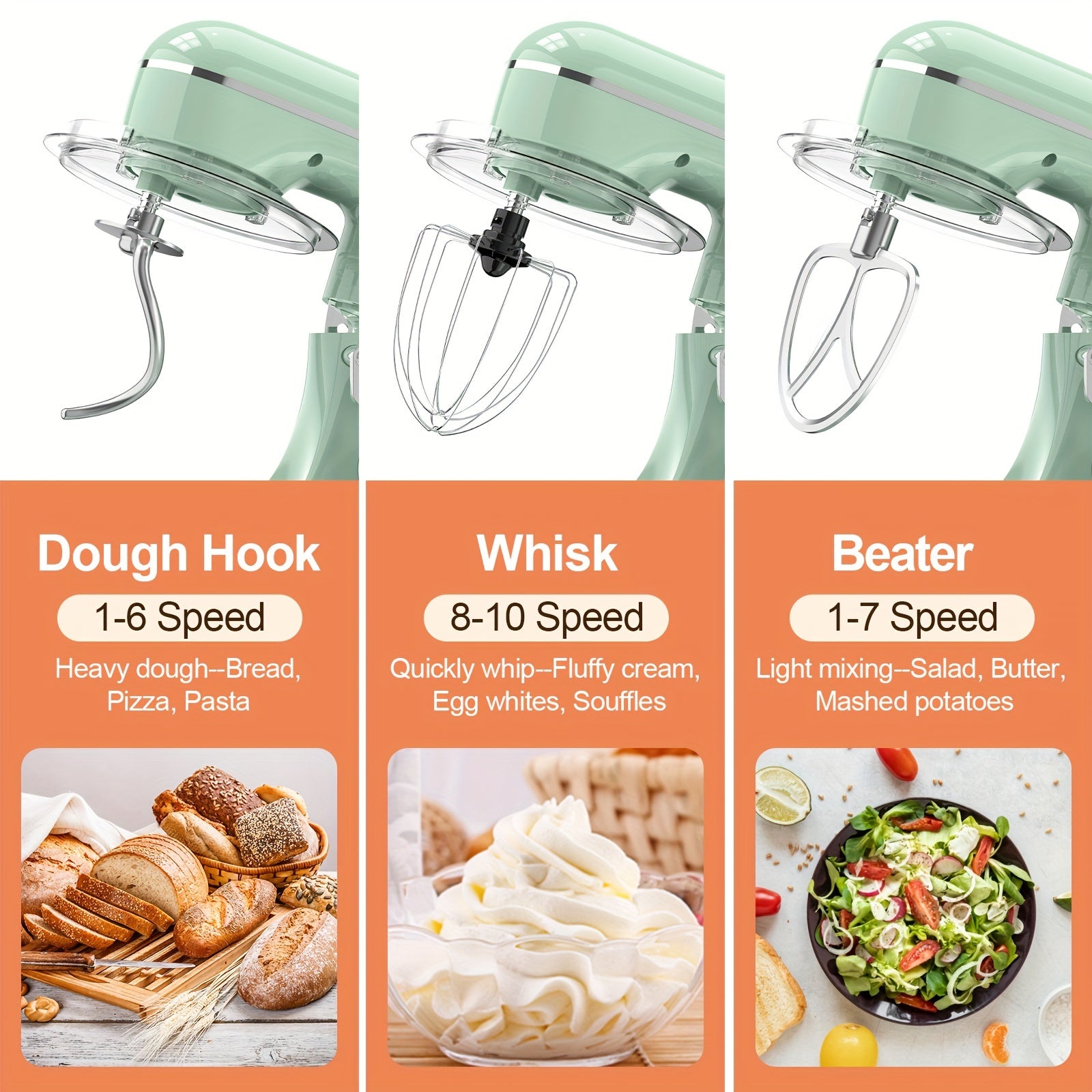 3-IN-1 660W Electric Stand Mixer, 10-Speed with Pulse Button, Attachments Include 6QT Bowl, Dough Hook, Beater, Whisk for Most Home Cooks, Dishwasher-safe, Gifts for Family And Friends, Green, Kitchen Mixer, Mixer for Baking Good Vibrations