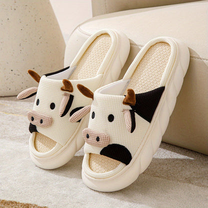 Women's Cartoon Cute Cow House Slippers, Platform Soft Sole Anti-slip Warm Plush Home Slides, Women's Indoor Cozy Shoes Good Vibrations