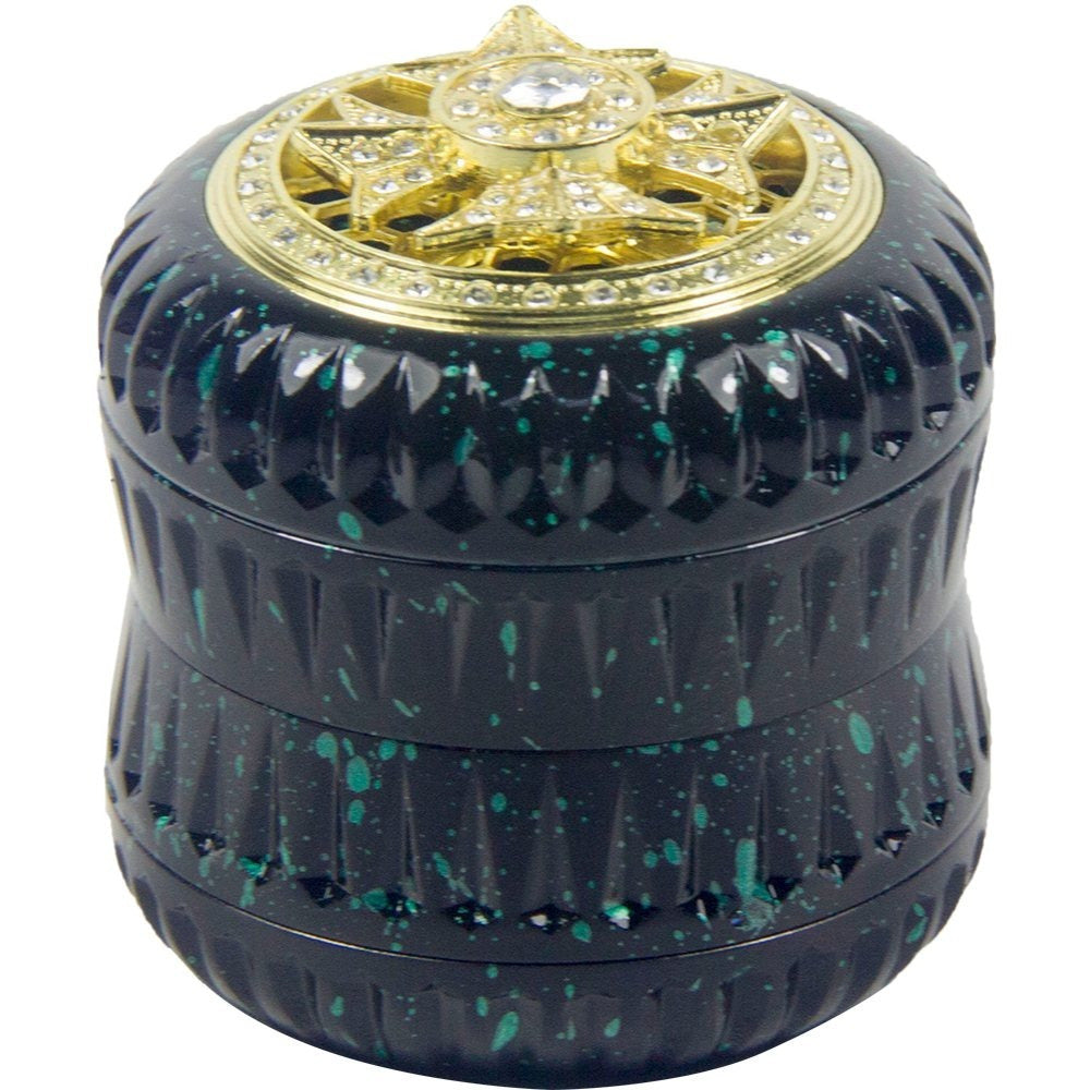 4-Layer Aluminum Herb Grinder with Built-in Fidget Spinner Top, Unique Star-Shaped Spinner Design with Embedded Rhinestones, Textured Body with Colorful Speckled Pattern for Enhanced Grip, Durable Construction and Smooth Grin Good Vibrations Adult Super Store