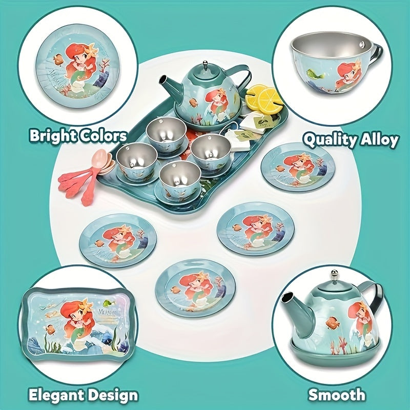 Playful, Enchanting Mermaid Tea Party Set for Girls - 19pcs Tin Tea & Carrying Case, Perfect Princess Kitchen Play Toys for Ages 3-6, Ideal Birthday Gift Good Vibrations