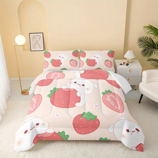 Cartoon Cute Rabbit Comforter Set, Cartoon Rabbit Cakes Printing Bedding Ultra Soft, Ultra Comforter 3 Piece Bedding Set Contain 1 Comforter Set 2 Pillowcases Good Vibrations