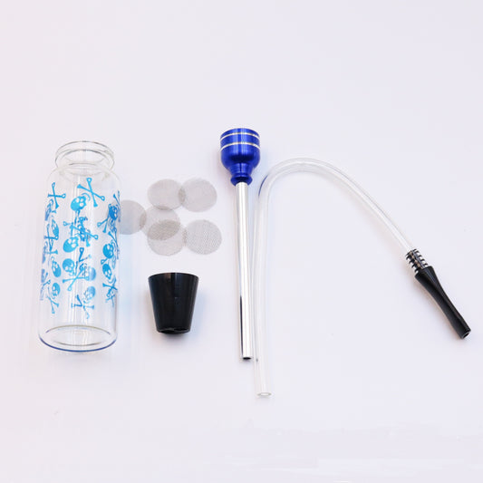 Exquisite Mini Water Hookah, 4.2*1.2*1.2" Handheld Glass Shisha Hookah, Extra 6 Pcs Smoking Gauze Net Metal Flters(Blue Skull)