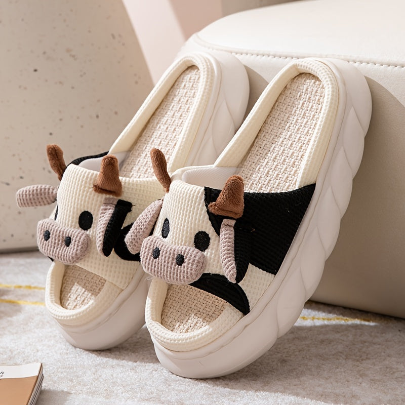 Women's Cartoon Cute Cow House Slippers, Platform Soft Sole Anti-slip Warm Plush Home Slides, Women's Indoor Cozy Shoes Good Vibrations