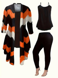 Women'S 3pcs Winter Warmth Set - Oversized Sleeveless Top & Leggings with Geometric Pattern, Soft Stretchy Fabric, Loose Fit Coordinated Outfits in Orange/Blue/Black/Green | Machine Washable Casual to Formal Wear for Office, Good Vibrations