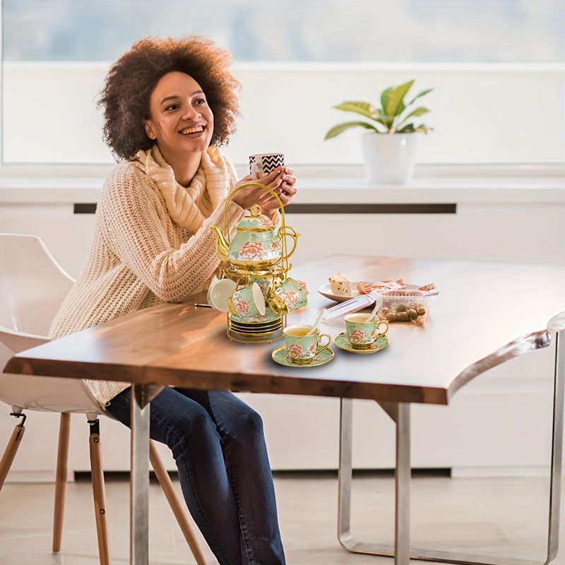 20 Pcs, Ceramic Tea Set, Coffee Pot, Floral Ceramic Tea Cup with Saucer, Afternoon Tea Set Porcelain Tea Set With Metal Holder, Blooming Tea Set, Christmas Gift For Tea Lover, Home Garden Party Coffee Shop, Afternoon Tea & Sp Good Vibrations