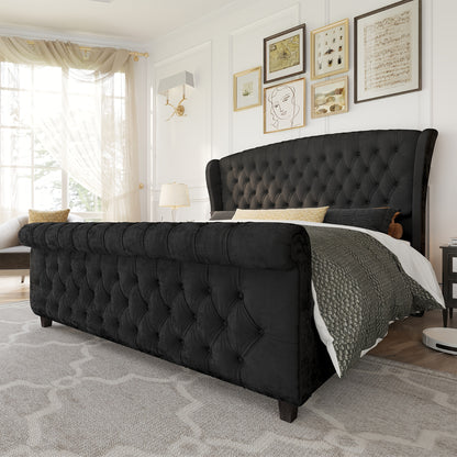 Platform Bed Frame, Chenille Upholstered Sleigh Bed with Scroll Wingback Headboard & Footboard/Button Tufted/No Box Spring Required/ Good Vibrations