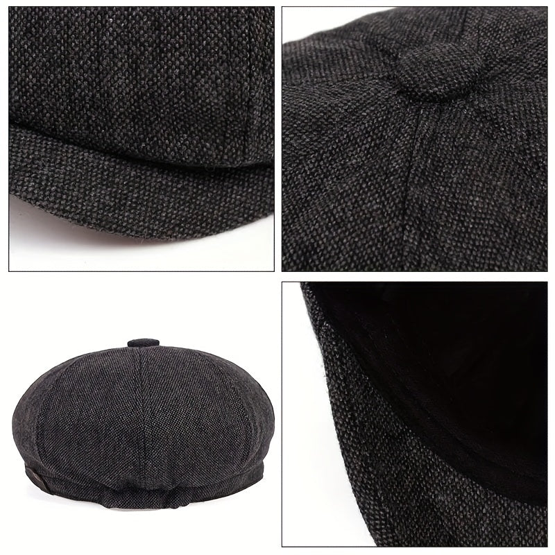 Men&Apos;S Retro Herringbone Flat Cap - Black Casual Beret with Vintage Style, Knitted Polyester, Perfect for Valentine&Apos;S Day, Everyday Headwear | Vintage Flat Cap | Knitted Texture Good Vibrations
