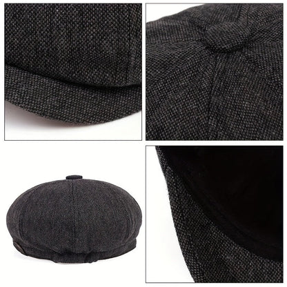 Men&Apos;S Retro Herringbone Flat Cap - Black Casual Beret with Vintage Style, Knitted Polyester, Perfect for Valentine&Apos;S Day, Everyday Headwear | Vintage Flat Cap | Knitted Texture Good Vibrations