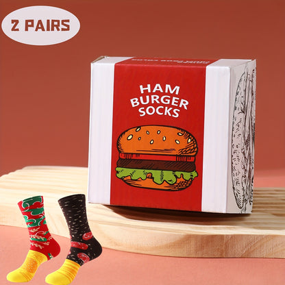 2 pairs of gift boxes with and interesting big burger socks, universal gift socks for men and women, new mid-tube socks for autumn and winter, whimsical imitation food pattern creative design, comfortable and elastic, k Good Vibrations