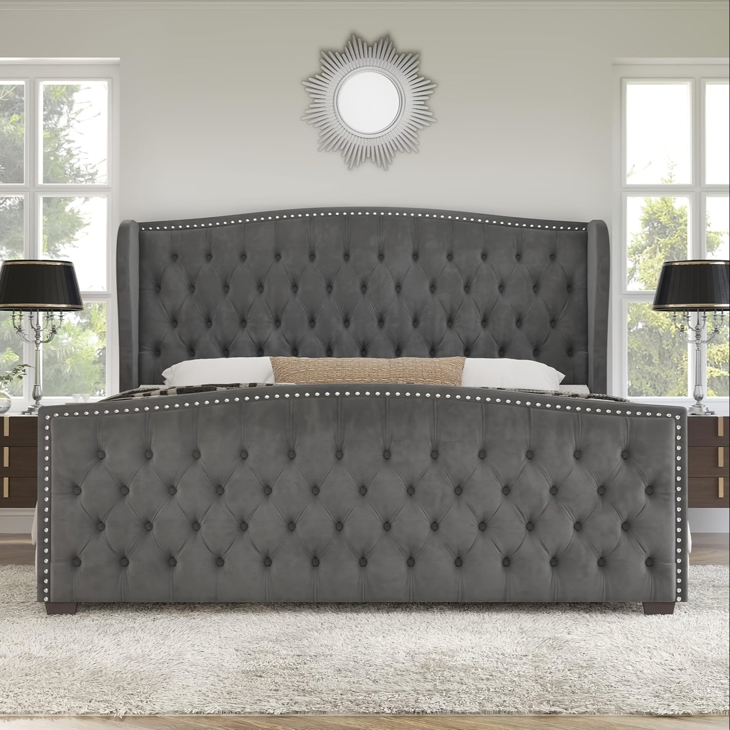 Luxurious Velvet Upholstered Platform Bed Frame with Deep Button Tufted Wingback Headboard & Nailhead Trim - No Box Spring Required, Sturdy Hardwood & High-Density Fiberboard Construction, Easy Assembly Modern Bedroom Furnitu Good Vibrations