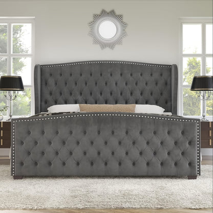 Luxurious Velvet Upholstered Platform Bed Frame with Deep Button Tufted Wingback Headboard & Nailhead Trim - No Box Spring Required, Sturdy Hardwood & High-Density Fiberboard Construction, Easy Assembly Modern Bedroom Furnitu Good Vibrations
