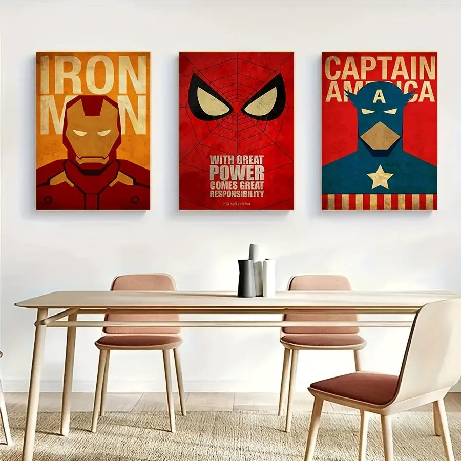 3pcs Unframed Canvas Poster Set - Vibrant Comic Art Marvel Poster with Spiderman, Captain America, Iron Man - Perfect Gift for Marvel Fans, Ideal Wall Decor for Bedroom, Living Room, Corridor, Office, and Winter Room Decorati Good Vibrations