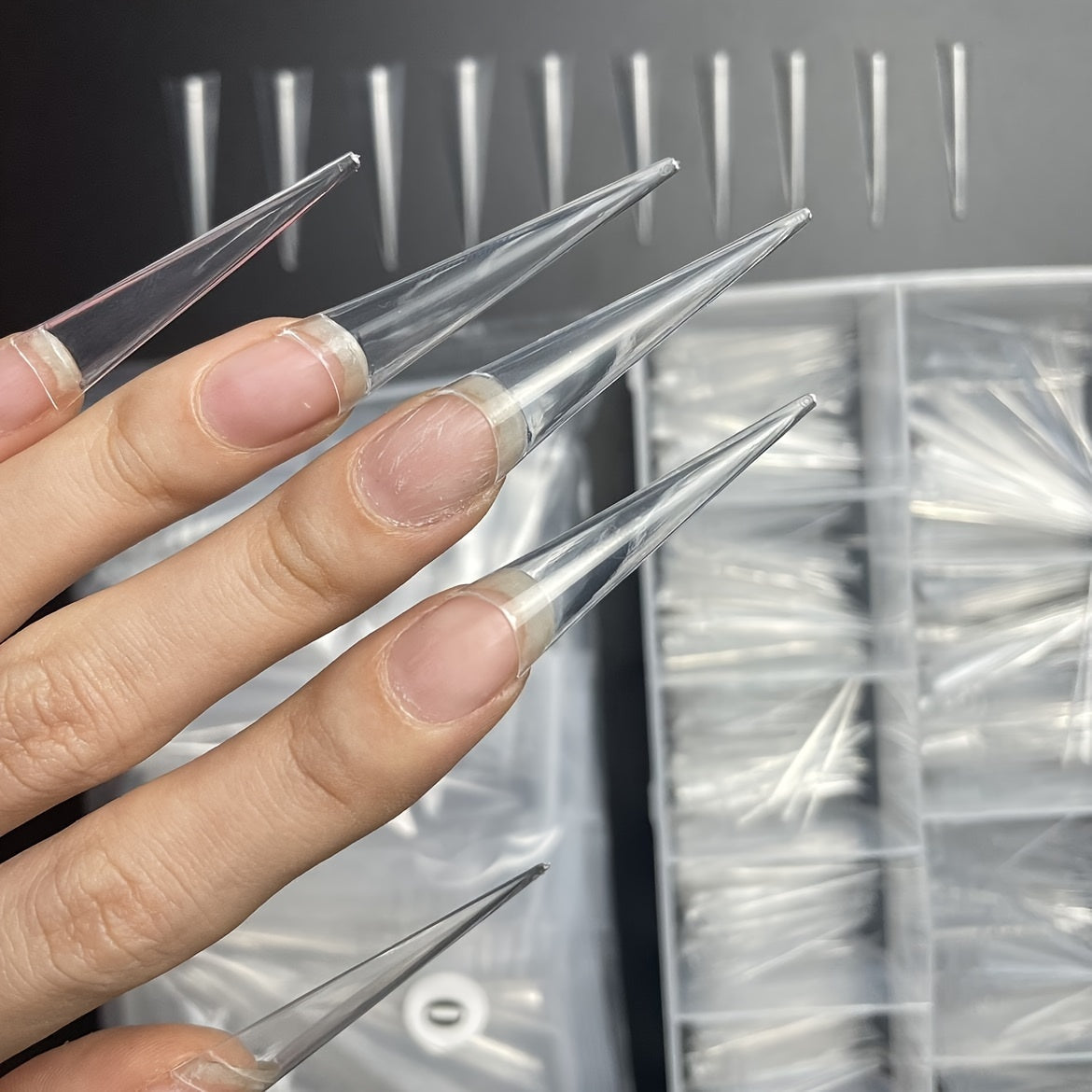 504 Pcs XXL Long Sharp Pointed Stiletto False Nails Set - Full Cover Nail Tips with Clear Plain C Curve Design for Customized Salon Nail Art - DIY Acrylic Nail Kit for Professional Results Good Vibrations