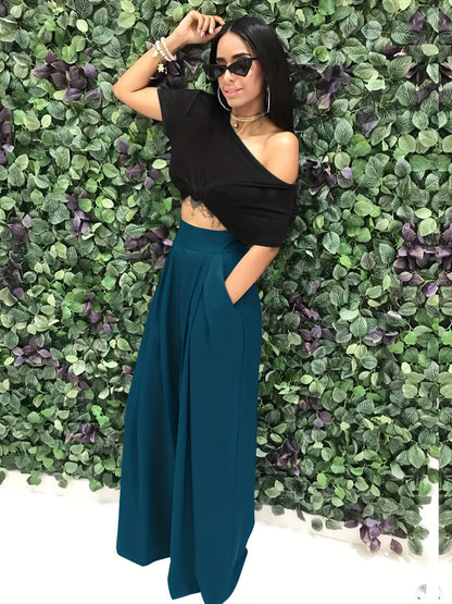 Loose Straight Flare Pants, Casual Pocket High Waist Solid Wide Leg Fashion Comfy Pants, Women's Clothing Good Vibrations