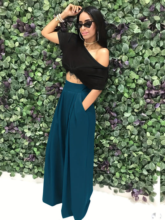 Loose Straight Flare Pants, Casual Pocket High Waist Solid Wide Leg Fashion Comfy Pants, Women's Clothing Good Vibrations