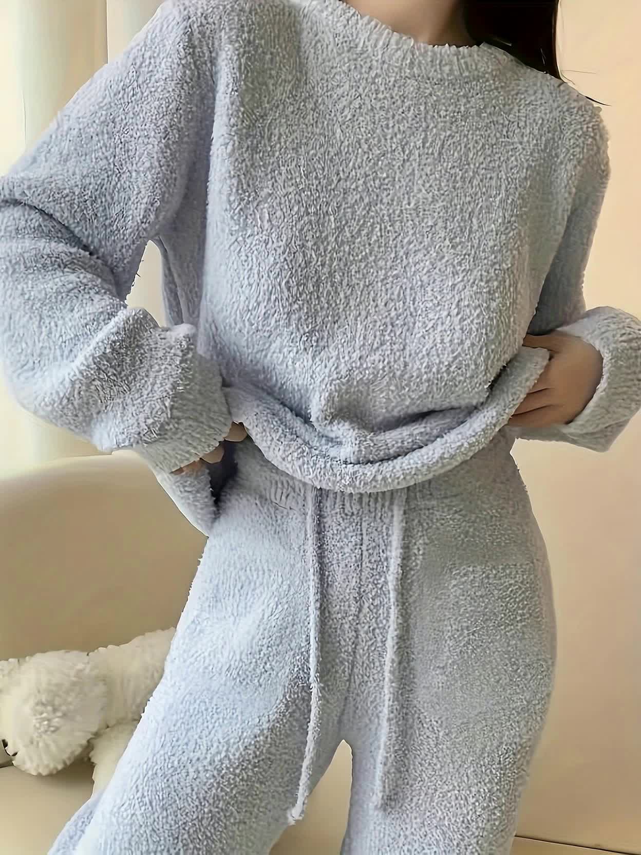 Women'S Cozy Fleece Set - Soft Long Sleeve Top & Pants, Gray, Casual Crew Neck, Perfect for Fall/Winter, Comfortable Home Wear, Cozy Clothing | Relaxed Fit Pants | Soft Fleece Material For Women Set For Women For Women Good Q Good Vibrations