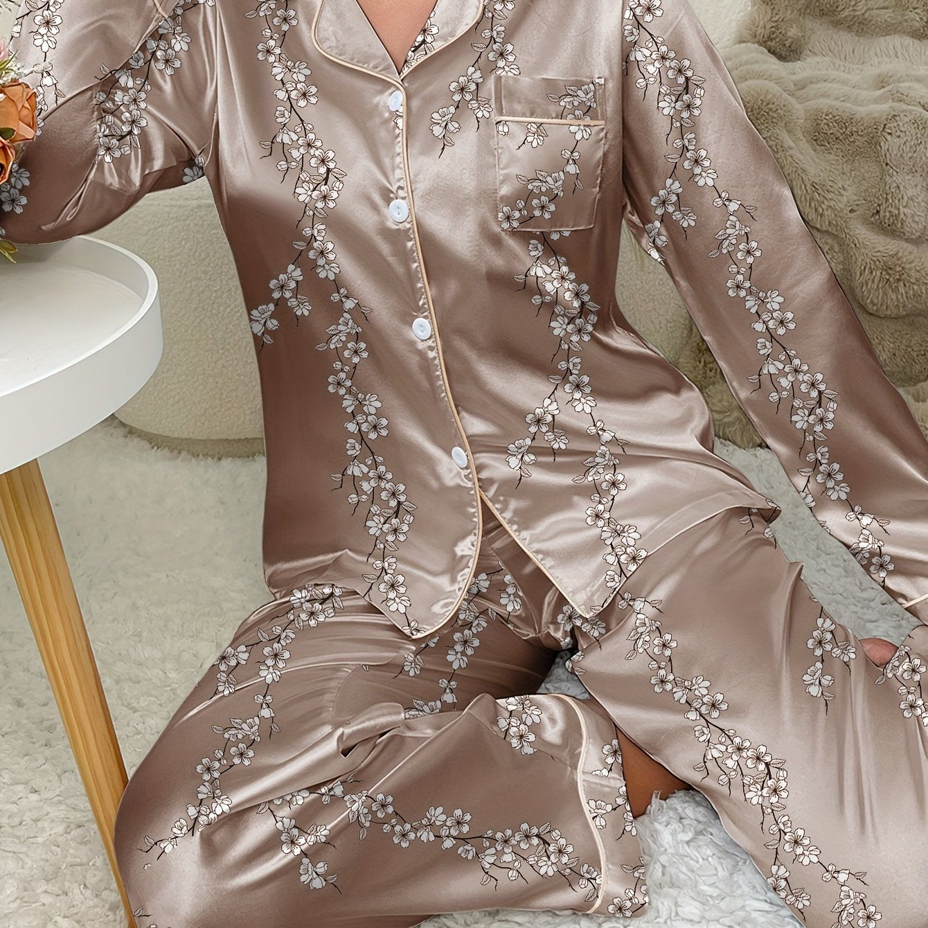 Plant printed long sleeved women's satin pajamas, pants, pajamas, home clothing set Good Vibrations