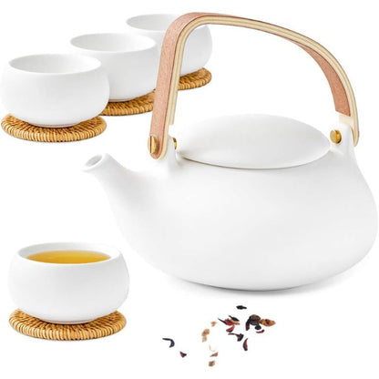 ZENS Modern Japanese Tea Set 27 oz Ceramic Japanese Teapot with Fine Stainers and 4 Cups for Loose Leaf Tea Steeper Wood Handle Matte Japanese Teapots Hot Tea Brewer for Tea Party Women Gifts Good Vibrations